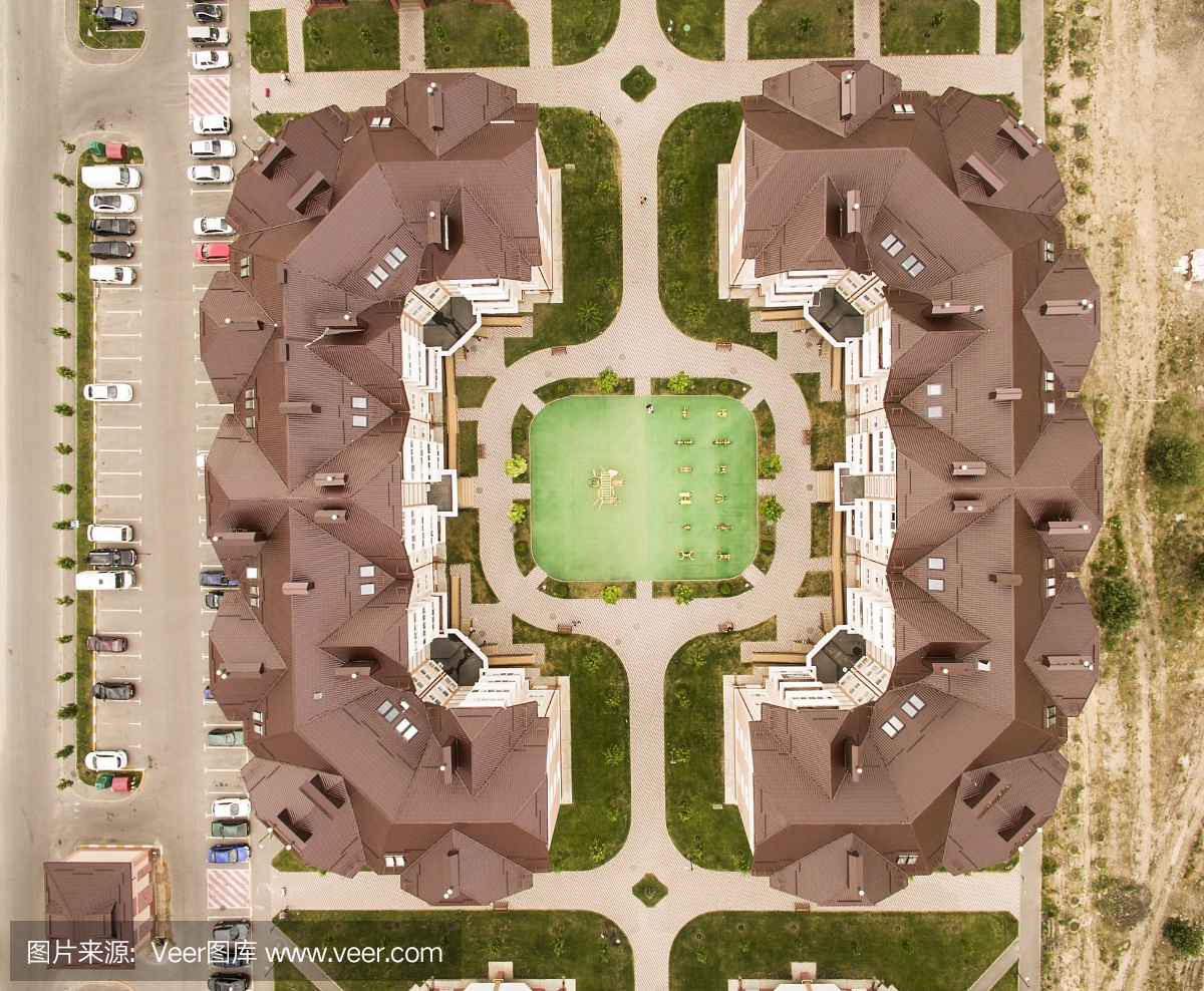 城市庭院,高層建筑,俯視圖